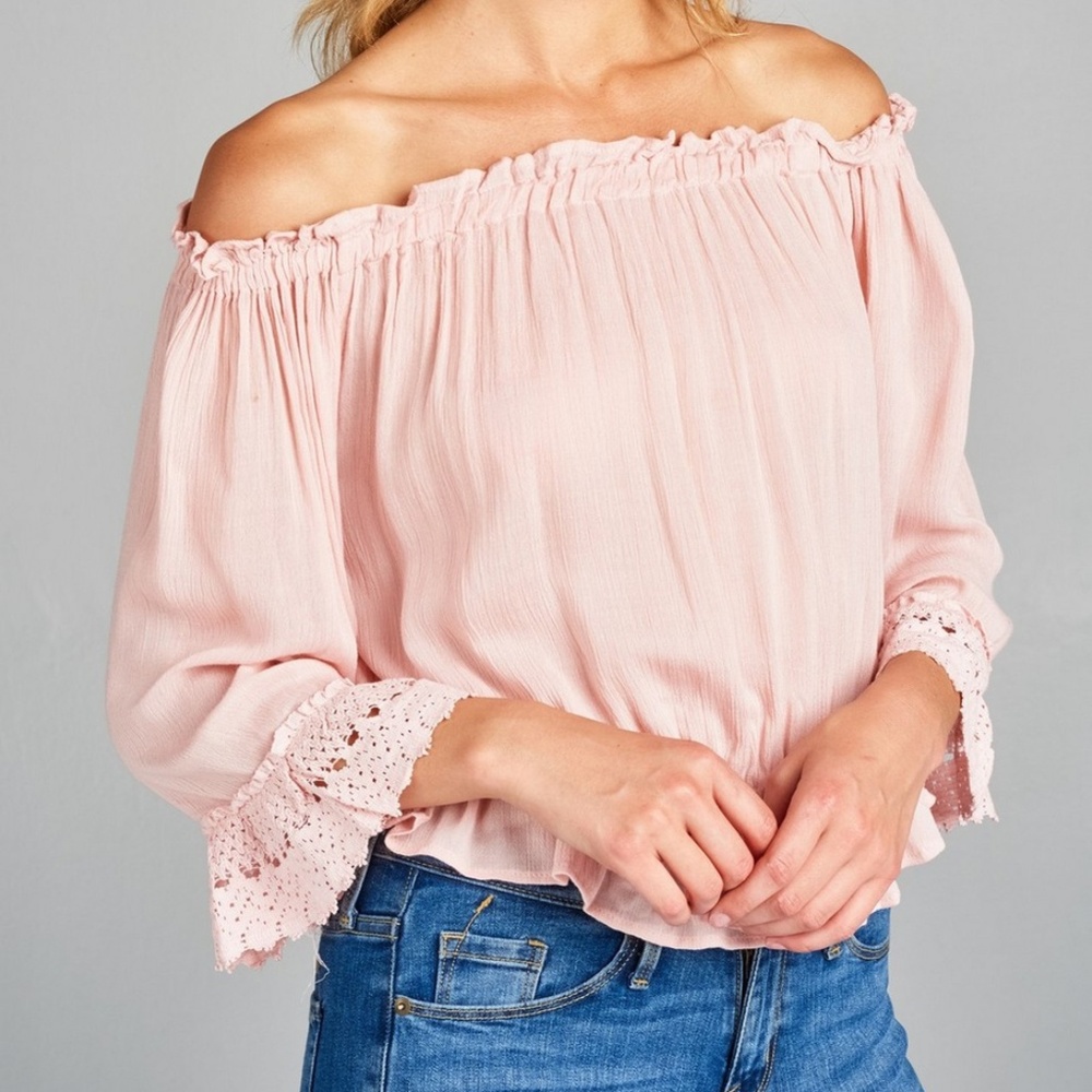 Pink Off Shoulder Lace Sleeve Top 08005 - Picture 1 of 5